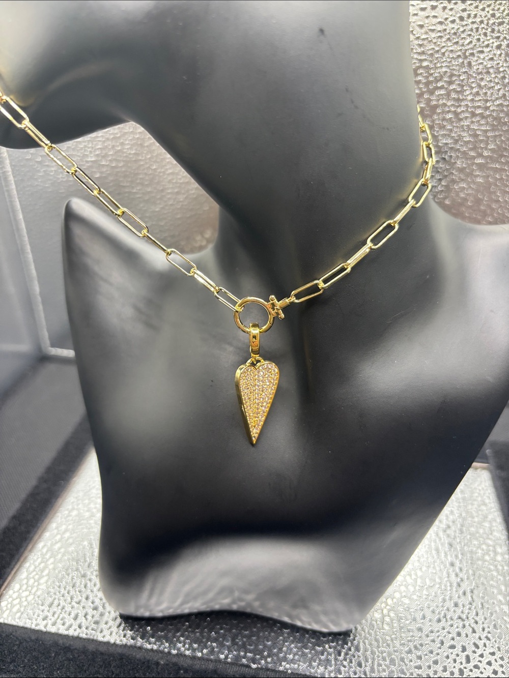 Gold Pavé Heart Pendant Paperclip Necklace - Women Jewelry